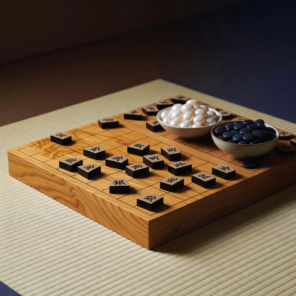 道具のこと ー 榧の将棋盤と黒漆の駒、蛤（はまぐり）の白石と那智黒の黒石。ふだんの稽古は練習用の盤駒ですが、月に一度、本物の手ざわりに触れる日をつくっています