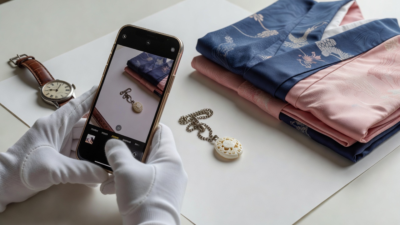 形見分けのお手伝い ー 遠方のご家族にも届くよう、形見の品を一点ずつ撮影し、写真で相談しながら仕分け。故人が大切にされていた物を、次の手へつなぎます