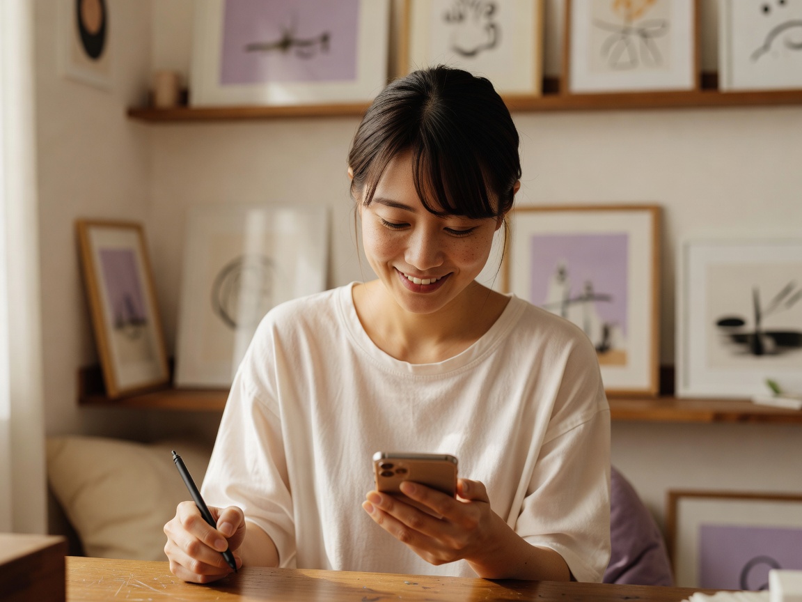 完成した似顔絵ギフトを手渡され喜ぶ依頼者の表情