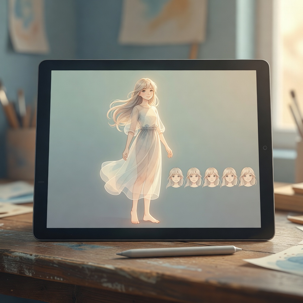 VTuberさんの立ち絵・キャラクターデザイン。表情差分とパーツ分けまで。配信で動く姿を思い浮かべながら、色を置きました。