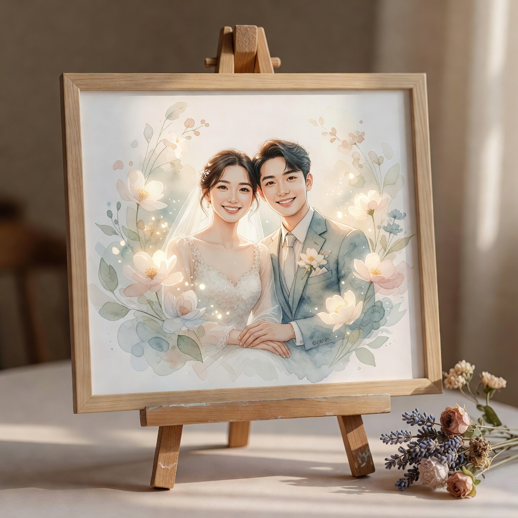 結婚式のウェルカムボード。おふたりの写真をもとに、当日の空気ごと似顔絵に。式のあとは玄関に飾っていただいています。