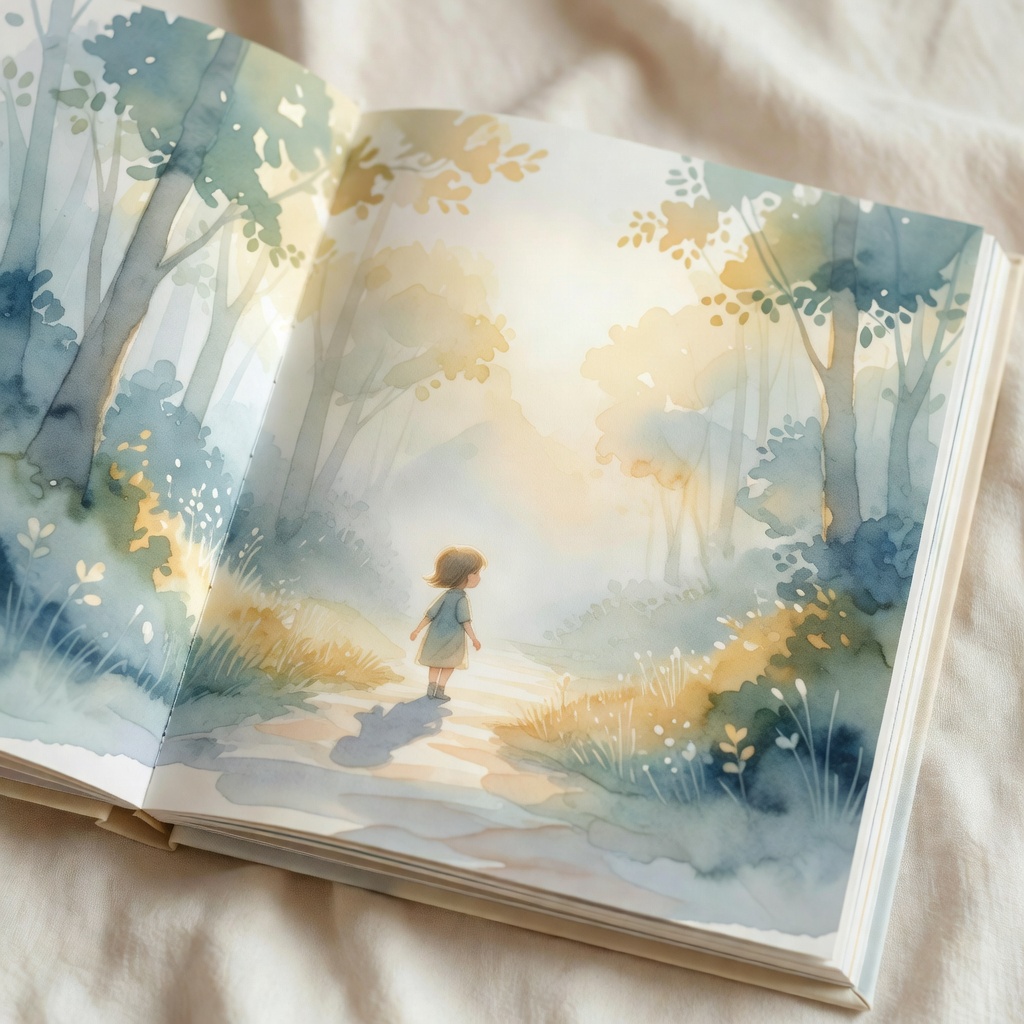 絵本の挿絵（自主制作）。見開きいっぱいの朝の森。ページをめくる手の温度まで届くような、やわらかい光を目指しました。