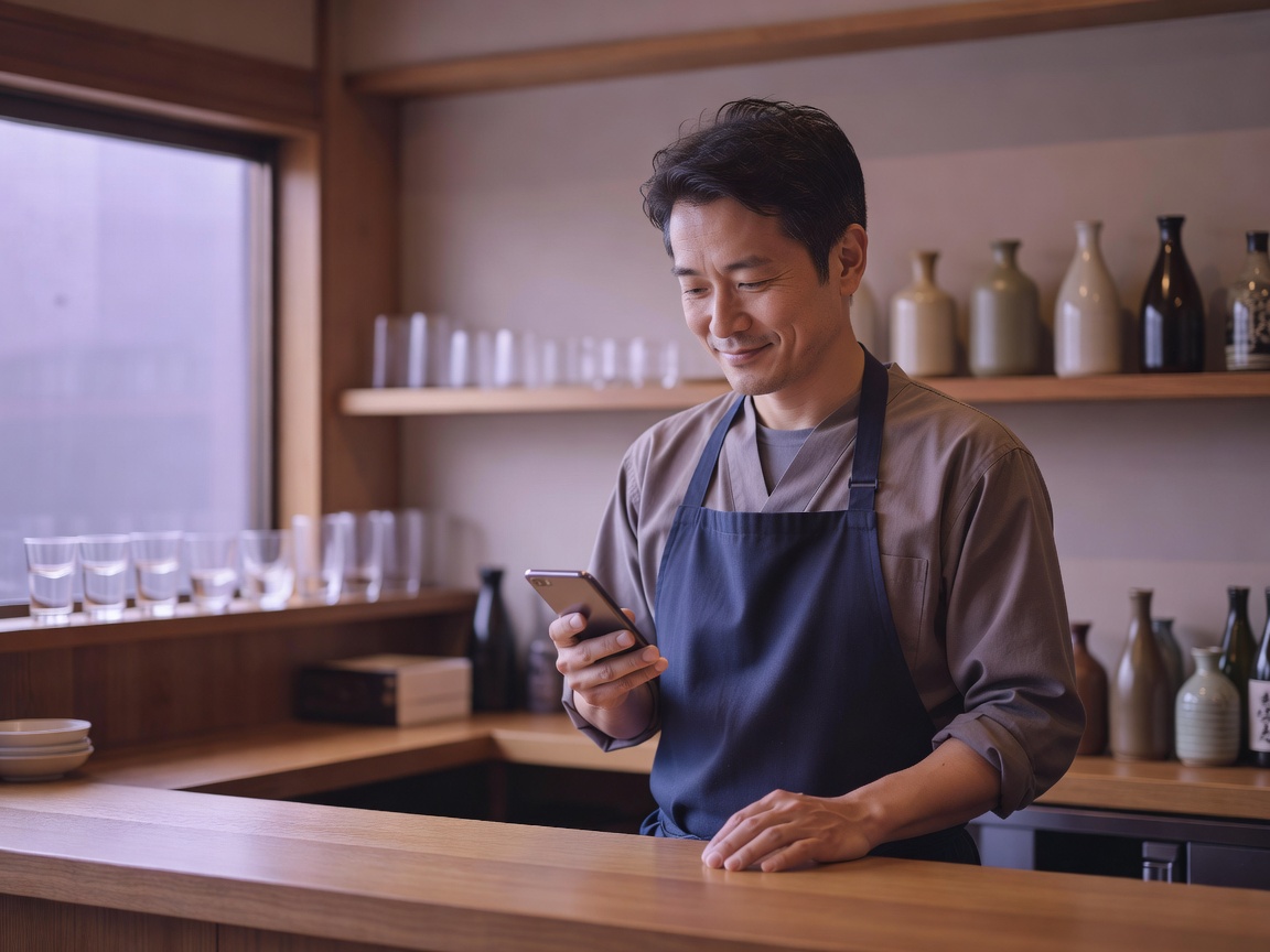 カウンター越しに乾杯するお客と店主の笑顔