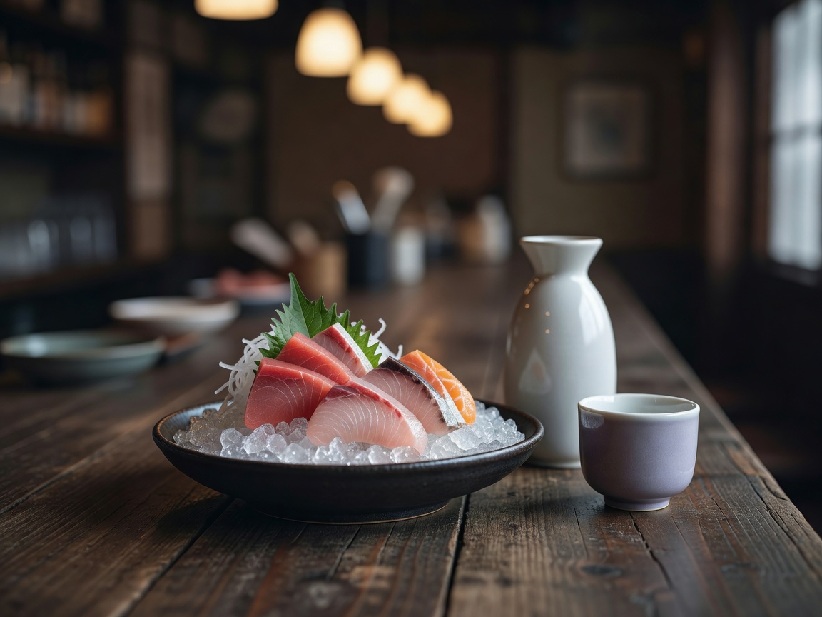 その日の鮮魚を盛り込んだお造りと地酒の徳利