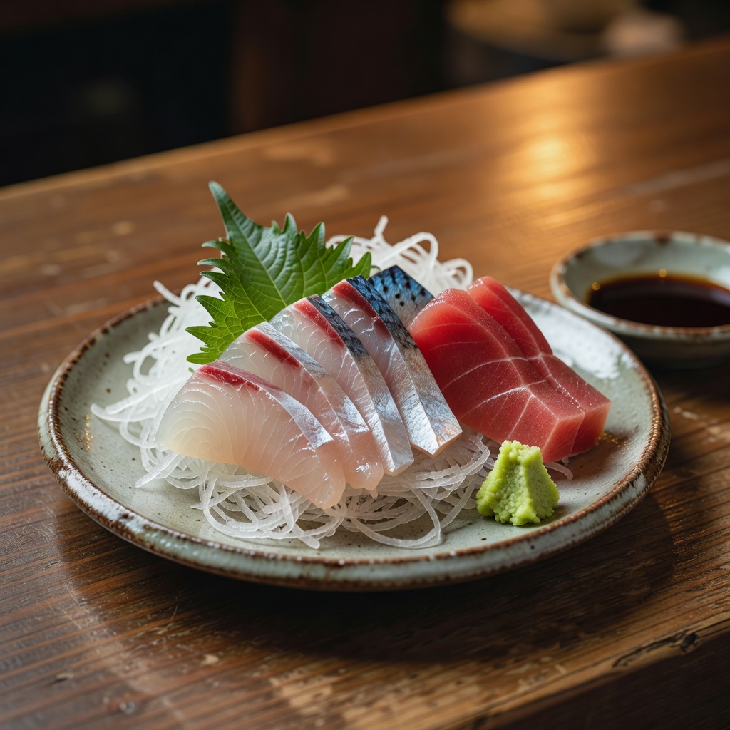 本日の鮮魚 お造り三種 ー 朝に築地で選んだ地魚だけ。黒板は毎日書き換わります