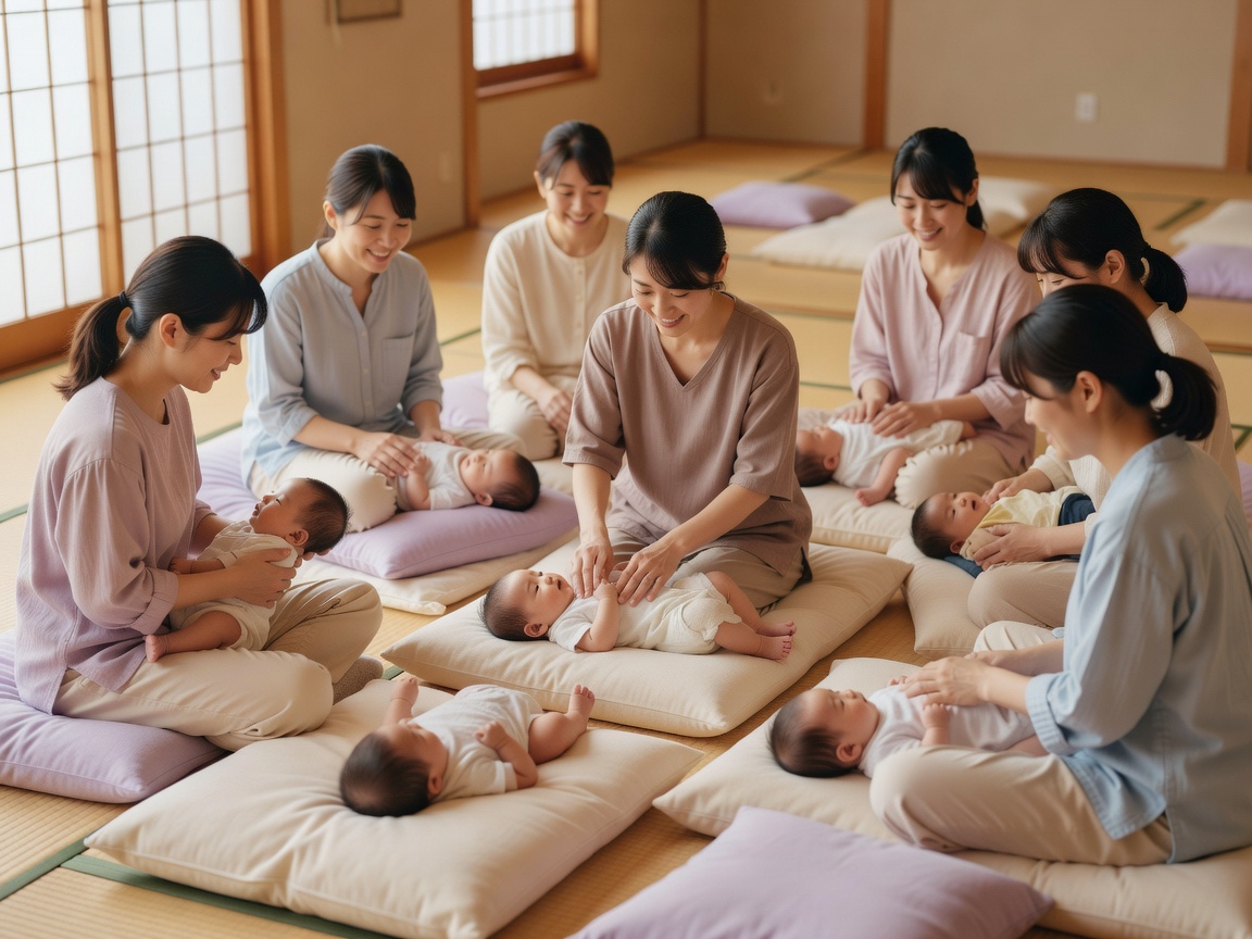両親学級で沐浴の手順を実演する助産師と参加する夫婦