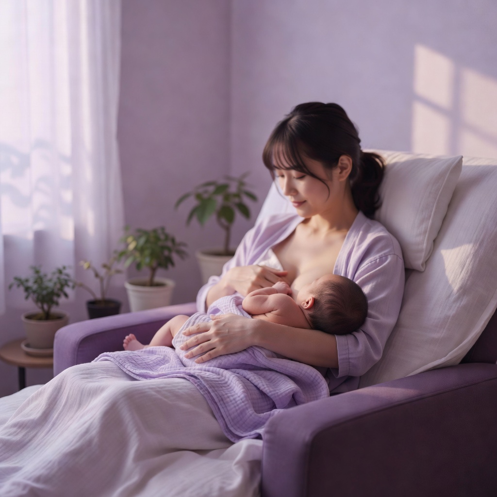 母乳ケアのケアルーム ー 藤色の光がやわらかく差す部屋で。リクライニングチェアに深くもたれて、赤ちゃんとふたり、ゆっくりと