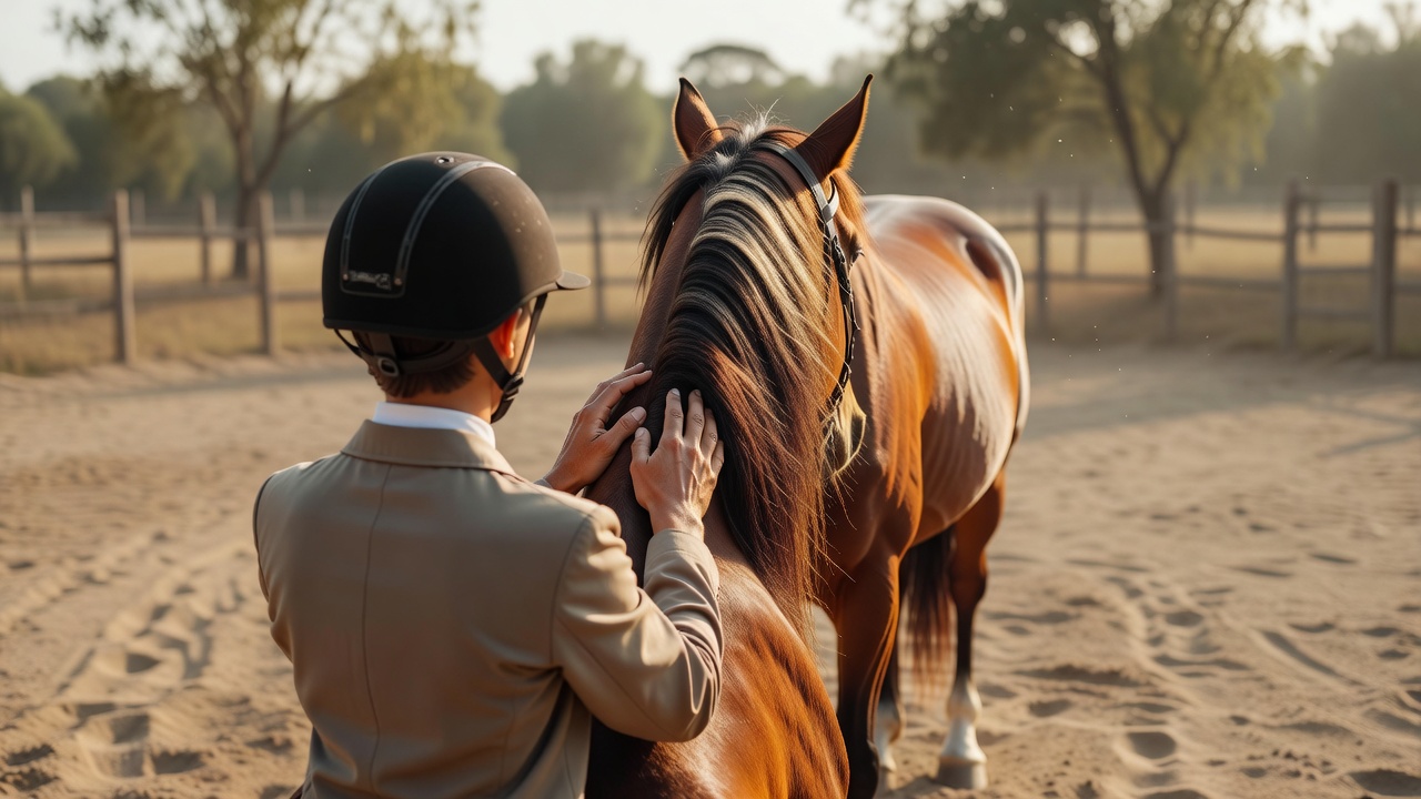 馬房から顔を出した馬の鼻先に、にんじんを差し出す手のアップ