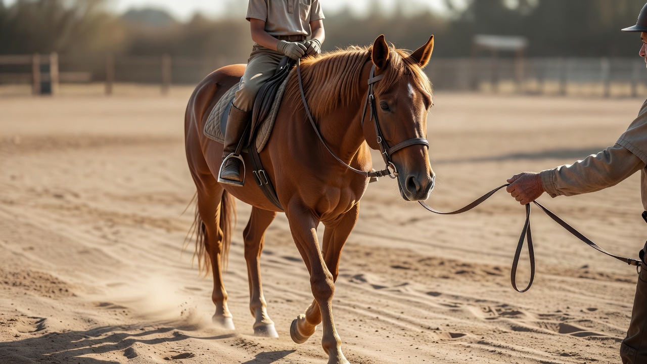 厩舎の前で、栗毛の馬の首すじをブラシで手入れする手元のクローズアップ
