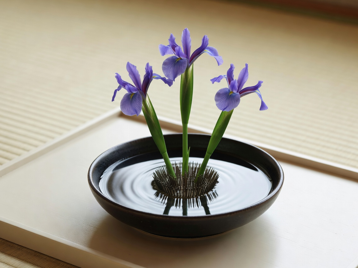 水盤に生けた自由花の作品、枝ものと季節の花の取り合わせ