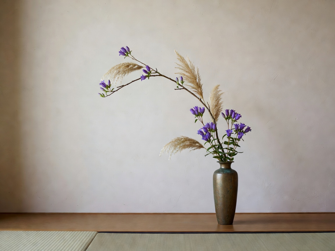 陽の差す和室の稽古場、花器と花鋏の並ぶ静かな稽古風景
