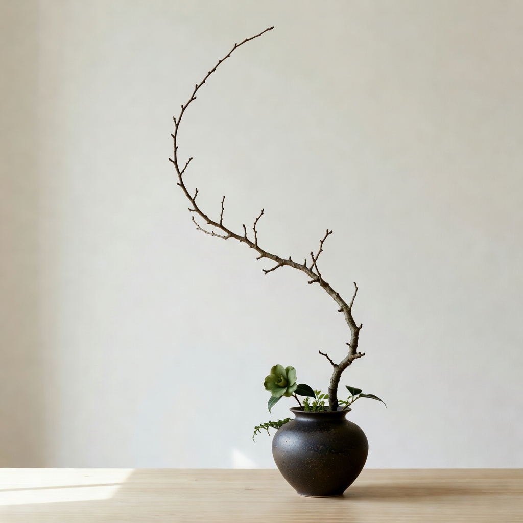 自由花。枝の線を一本、空へ放つように。器は信楽の花入。草月らしい大胆な余白を。