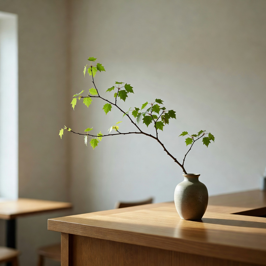 空間装花のご依頼。カフェのカウンターに、季節の枝ものをひと枝。活け込みも承ります。