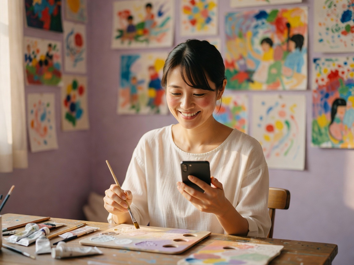 完成した作品を前に笑顔で講評を受ける生徒の様子