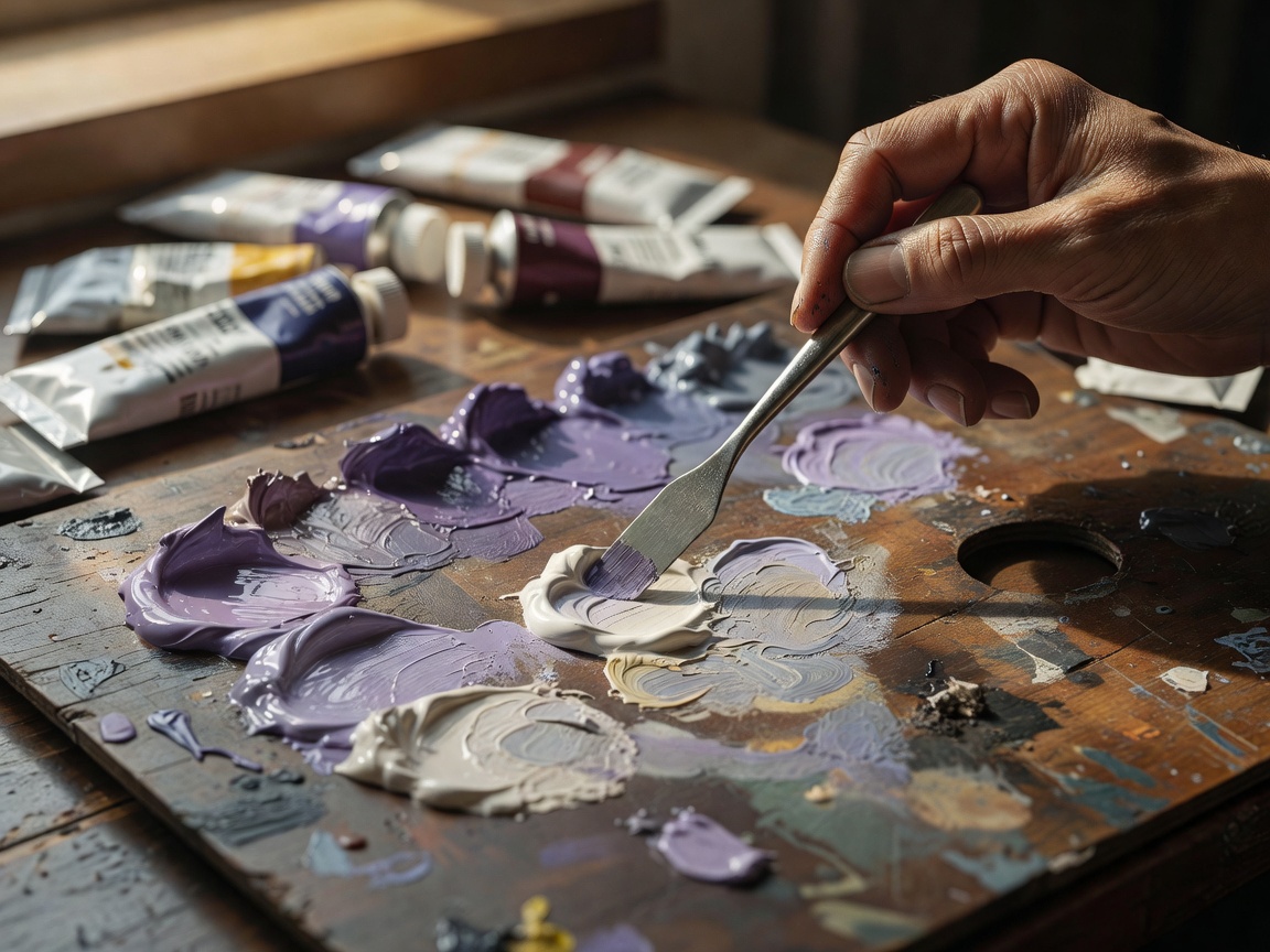 アトリエで制作中の油彩画とパレット、絵筆が並ぶ作業机