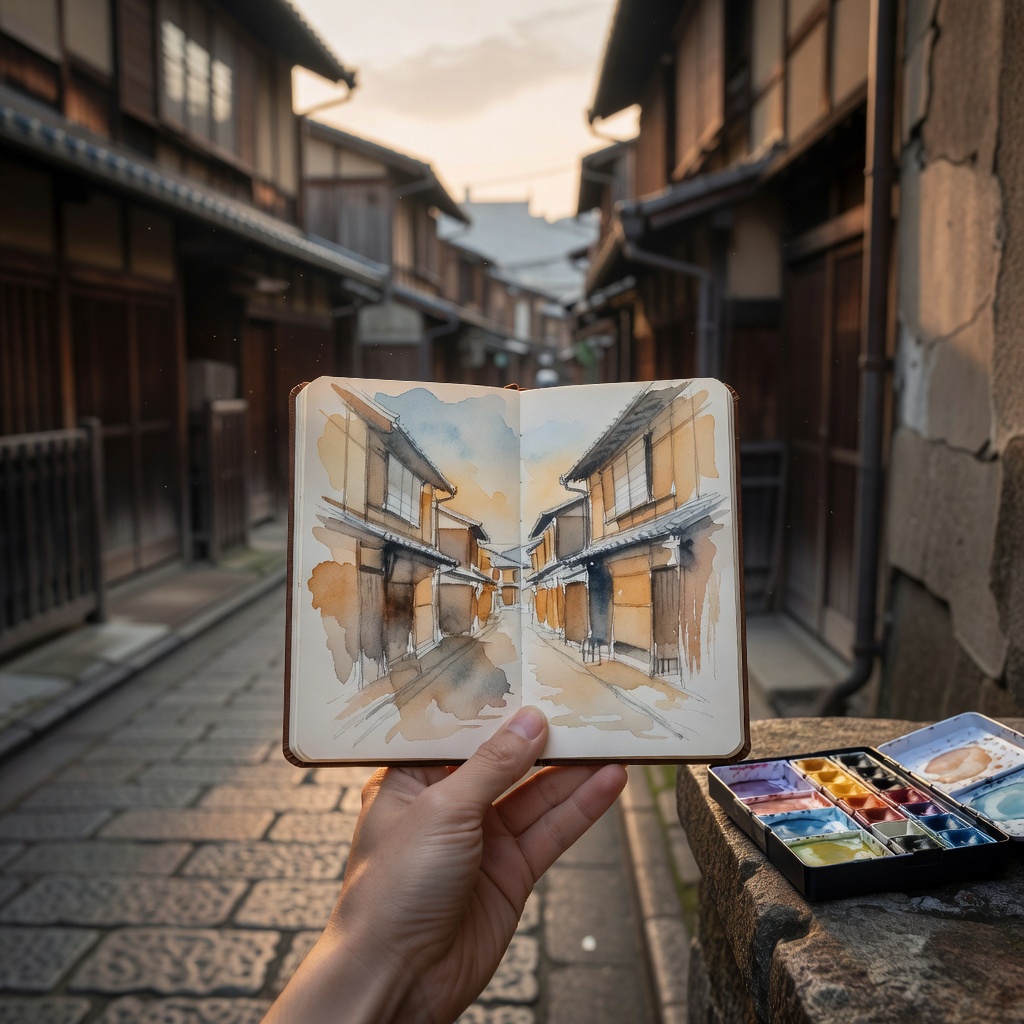夏のスケッチ会。谷中の路地と夕暮れの空を、みんなで外に出て描きました。