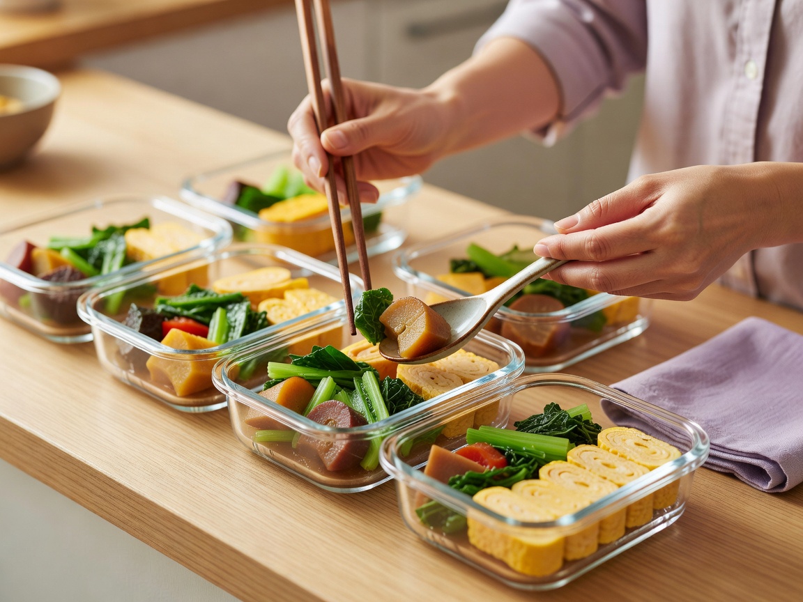 作り置きのおかずが並んだ食卓と保存容器