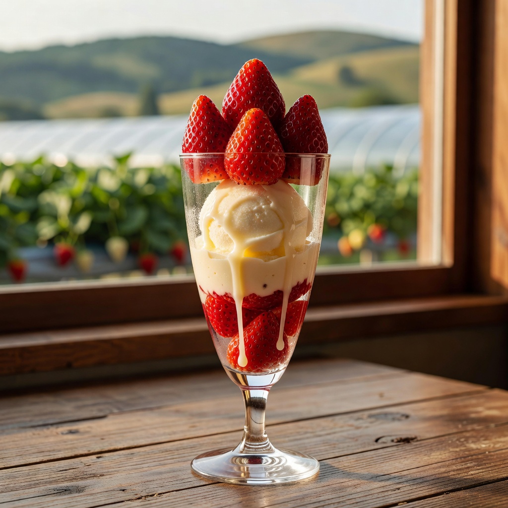 農園カフェのいちごパフェ ー 摘みたてのいちごと自家製ジェラート。夏はブルーベリーのかき氷。畑を眺めながらひと休み