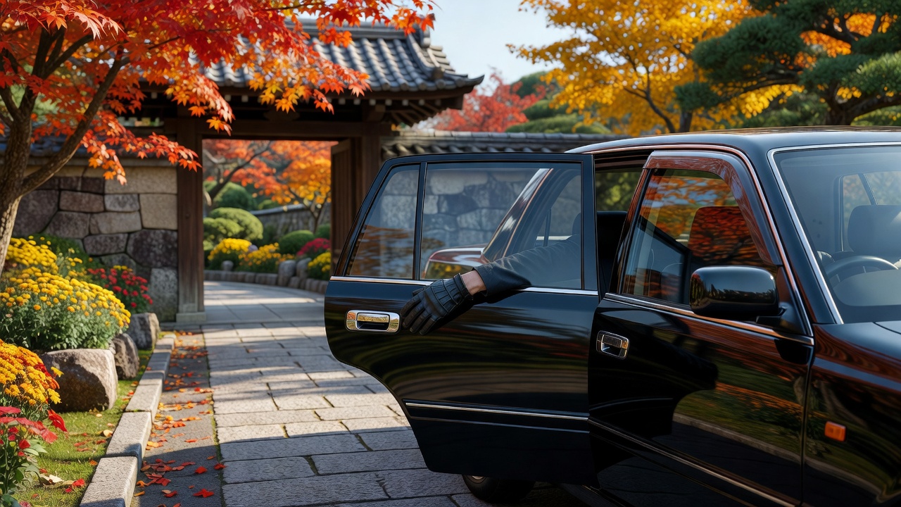 兼六園の門前に着けた黒塗りのセダンと、荷物を下ろすドライバーの手元