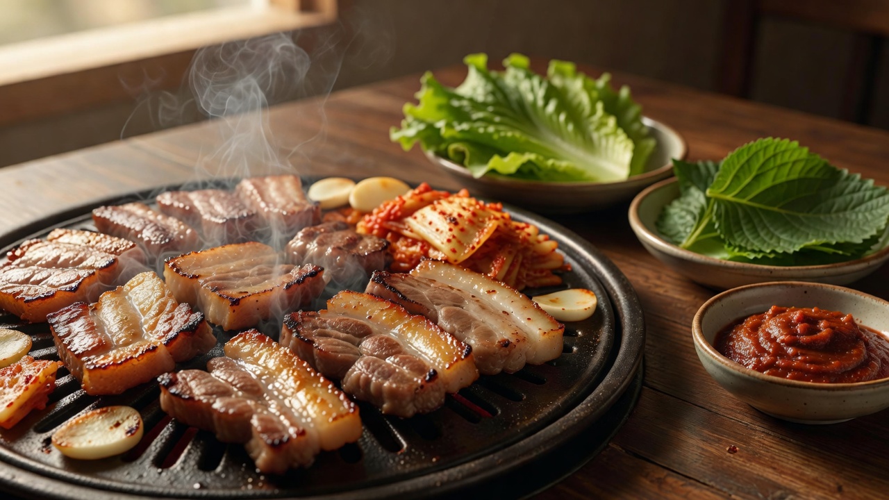サムギョプサル ー 三枚肉を鉄板でこんがり。サンチュとエゴマの葉に、焼いたキムチとサムジャン、にんにくを乗せて包む。常備菜と一緒に、韓国の家のように