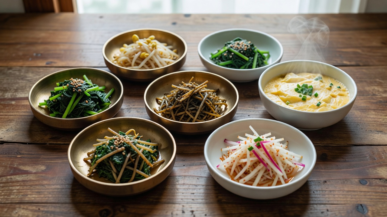 本日の常備菜（パンチャン） ー ほうれん草・もやし・ぜんまいのナムル、ケランチム、切り干し大根、ムセンチェ。日替わりの小鉢を彩りよく。おかわりできます