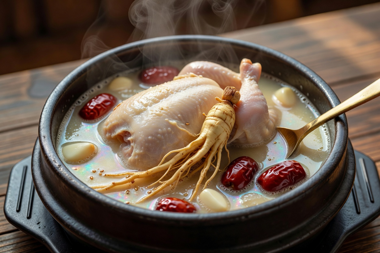参鶏湯（サムゲタン） ー 若鶏に高麗人参、なつめ、もち米、にんにくを詰めて三時間。骨からほろりと外れる、白く澄んだスープ。滋養の一杯を、寒い季節の名物に