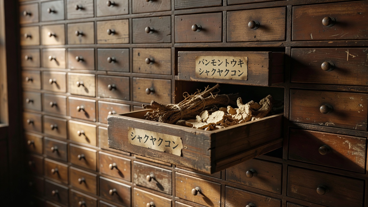 壁一面の百味箪笥と、引き出しに納められた乾燥生薬