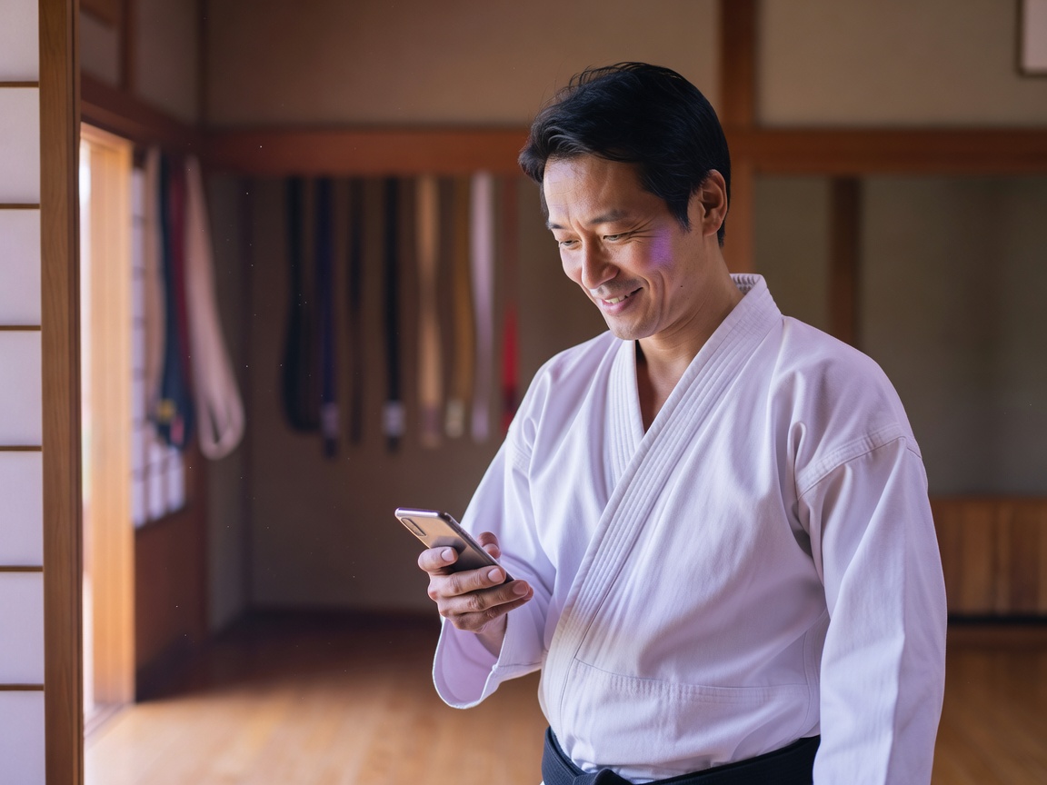 昇級審査で新しい帯を締め笑顔を見せる子どもと先生
