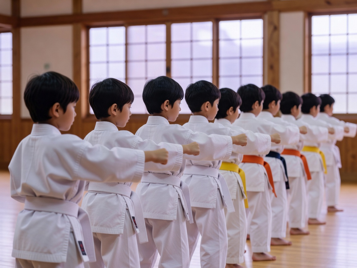 道場で正拳突きの型を揃えて稽古する少年部の後ろ姿