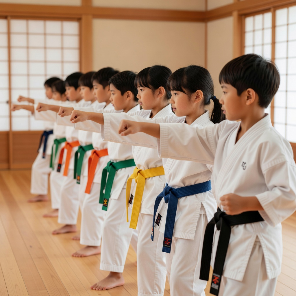 少年部・基本稽古 ー 突き・受け・蹴りをまっすぐ、大きな声で。上級生が下級生に教える時間もあり、教わる側からいつのまにか教える側へ育っていきます