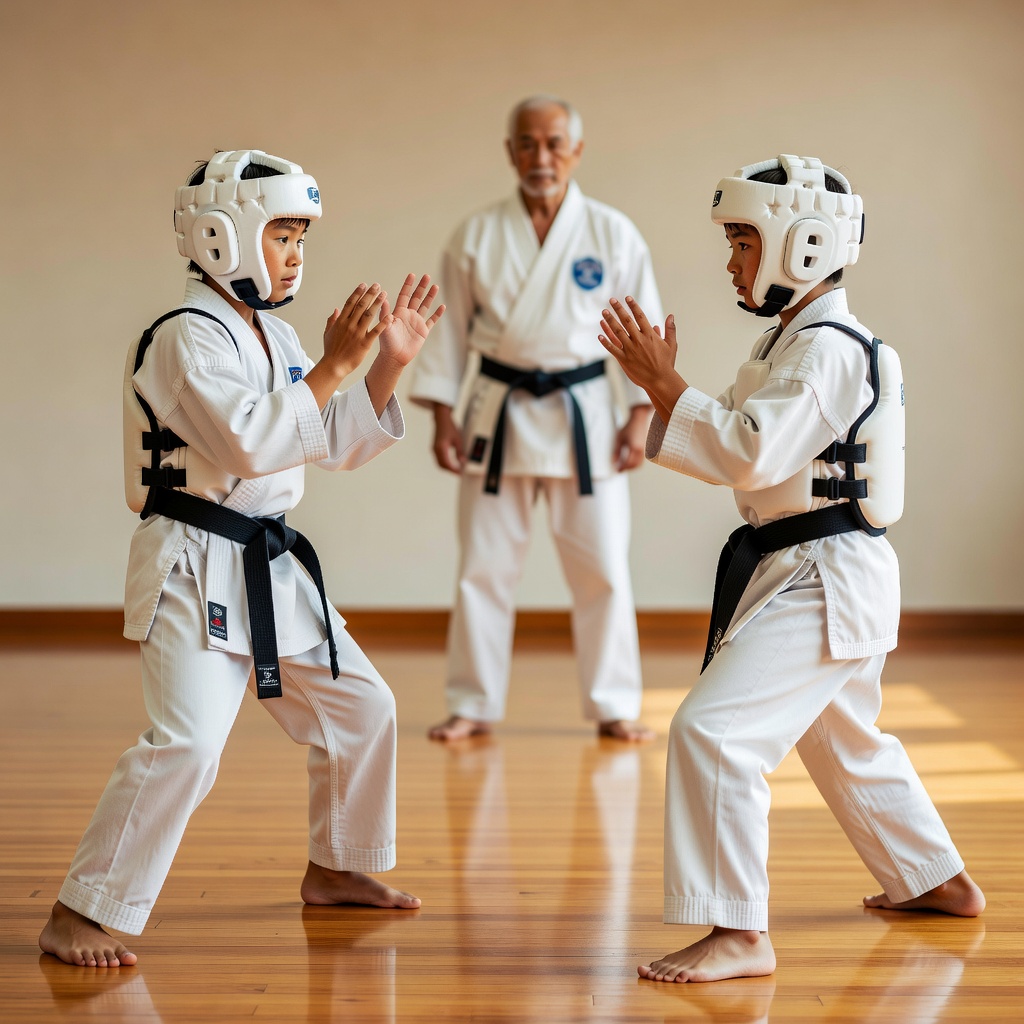 組手（防具着用）ー 顔面・胴を守る防具をつけ、安全を最優先に。当てる強さより、間合いと礼を学ぶ場。けがのない範囲で少しずつステップアップします
