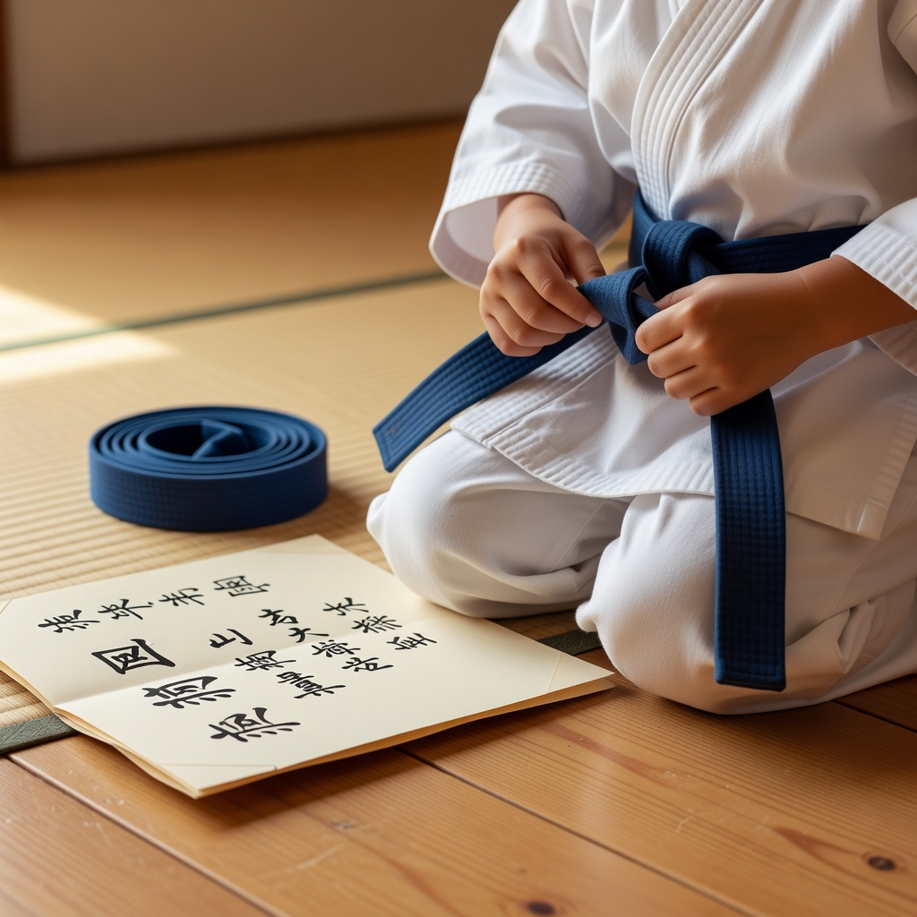 昇級審査 ー 半年に一度、白帯から色帯へ。合格したときの誇らしい顔がこの道場の宝物。帯の結び直しも、礼のうちです