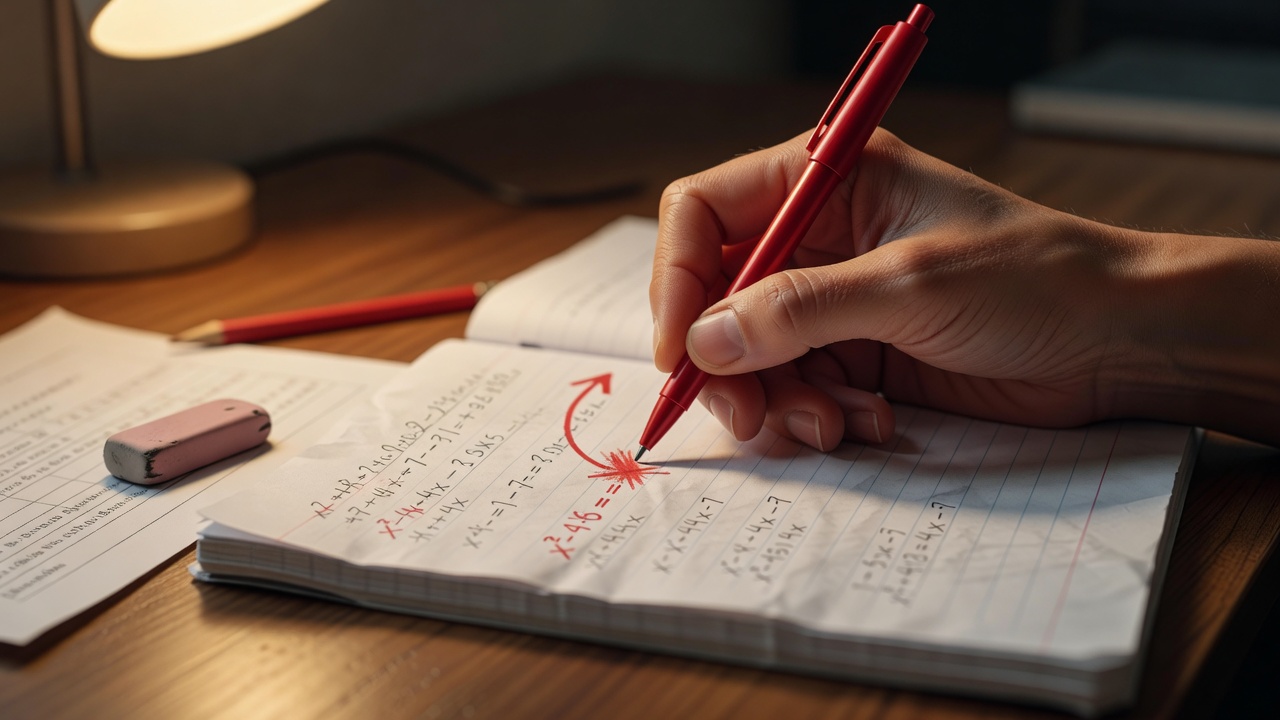 生徒のノートに赤ペンで解き直しの導線を書き込む、添削の一場面