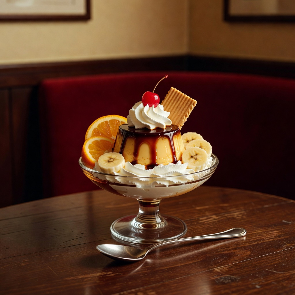 プリンアラモード ー スプーンが立つ固めのプリン。フルーツと生クリームを添えた、昭和のごちそう