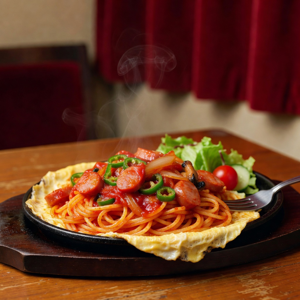 鉄板ナポリタン ー 熱々の鉄皿に薄焼き卵を敷いて。ケチャップの効いた、喫茶店の顔のひと皿