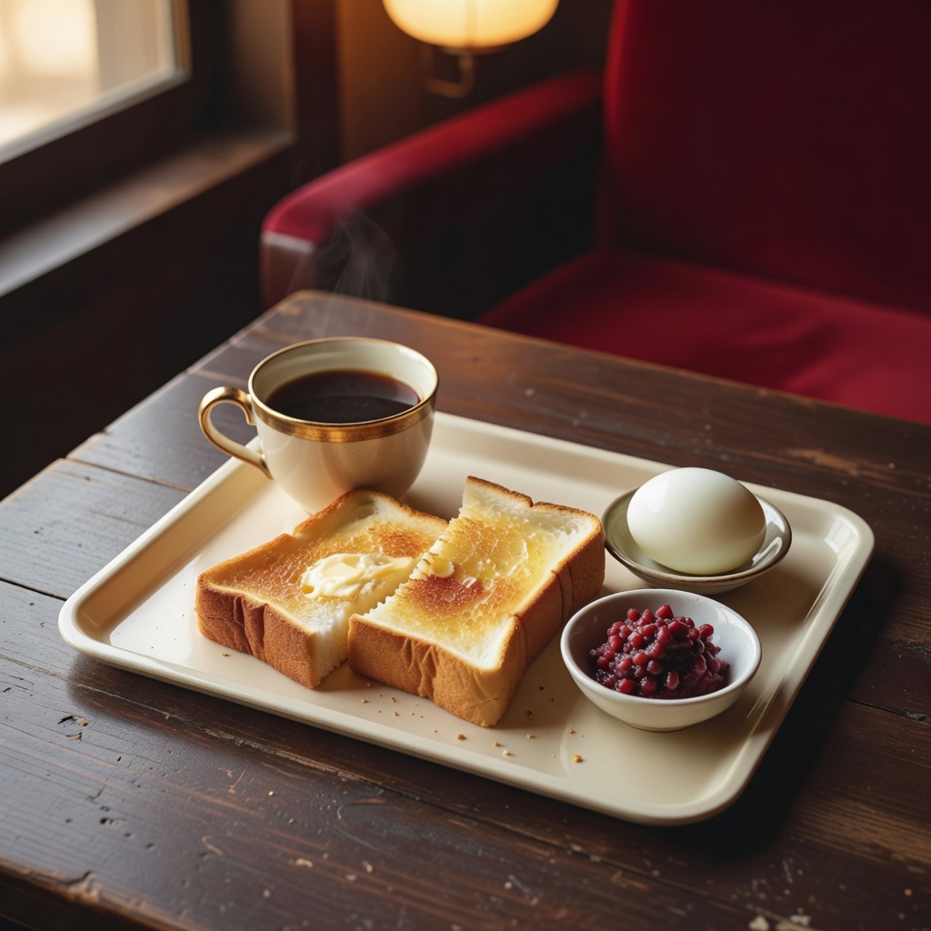モーニング ー コーヒー一杯の値段で、厚切りトースト・ゆで卵・小倉あん。名古屋の朝はこれから始まる