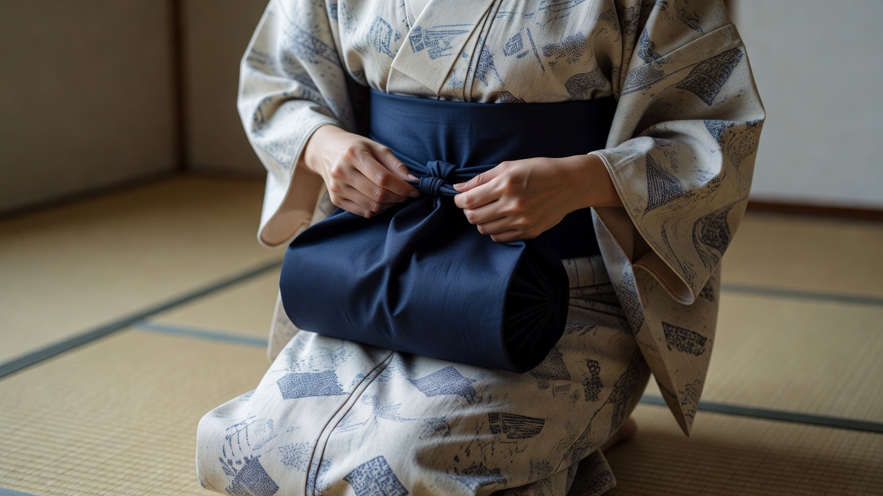 衣桁（いこう）にかけられた数枚の着物と、たたまれた帯・腰紐・帯揚げなどの小物