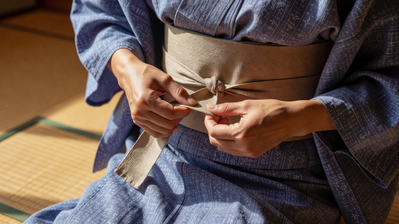 姿見の前で、ひとりで着上がったふだん着の着物の後ろ姿とお太鼓結び