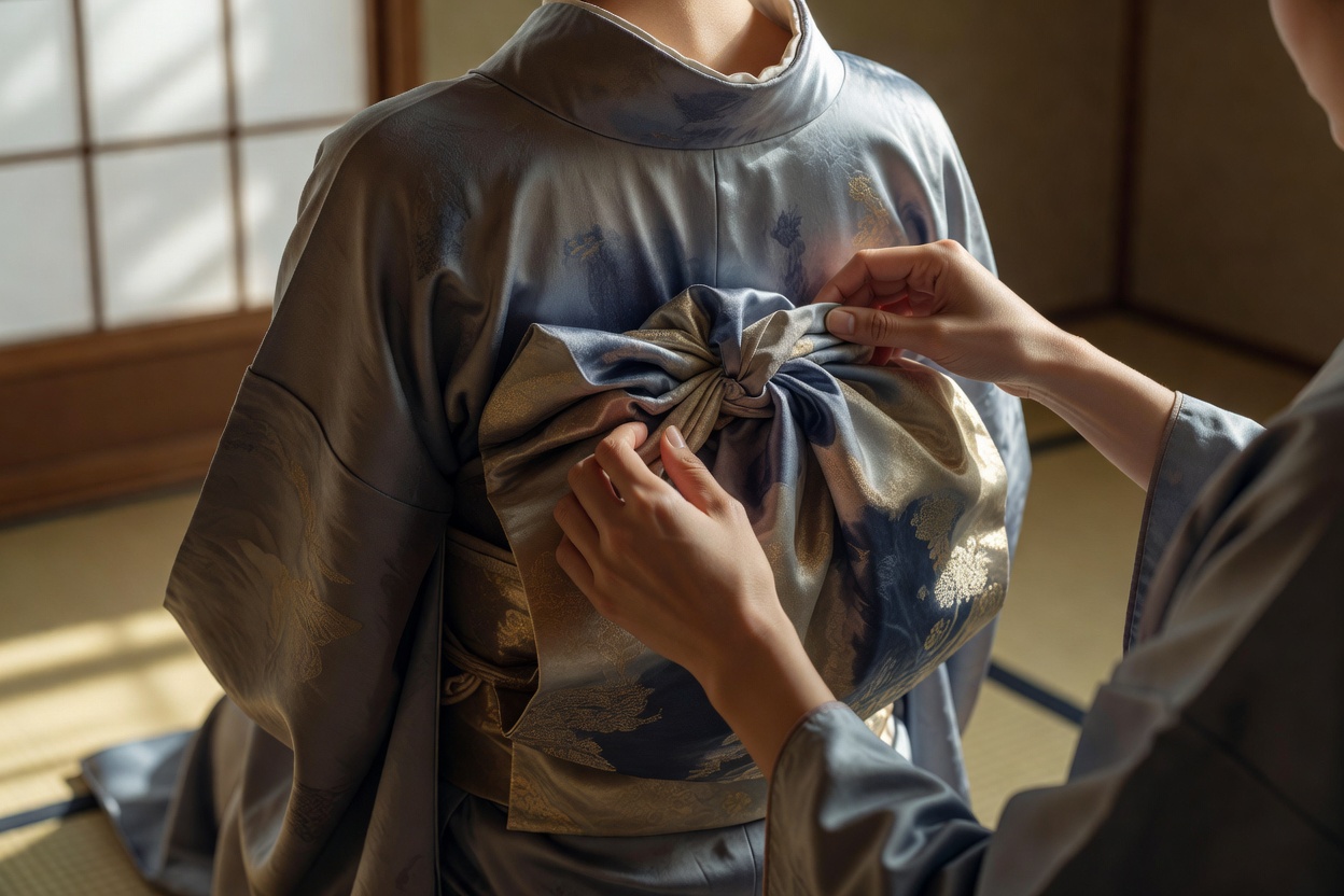 お太鼓結び／体験レッスンでの最初の一枚。前で結んでうしろへ回す前結びだから、初回でもここまで形になります。