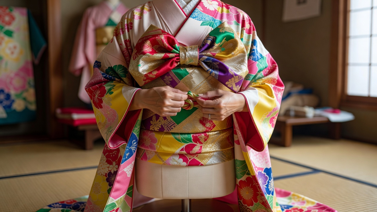 振袖の変わり結び「立て矢くずし」／人に着せる他装（たそう）コースの実習から。花嫁のお支度の練習も。