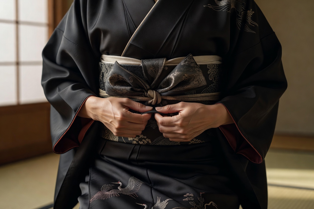 黒留袖の二重太鼓／礼装マスターコース。長時間の式でも苦しくない、帯枕と紐の締め加減をお伝えします。