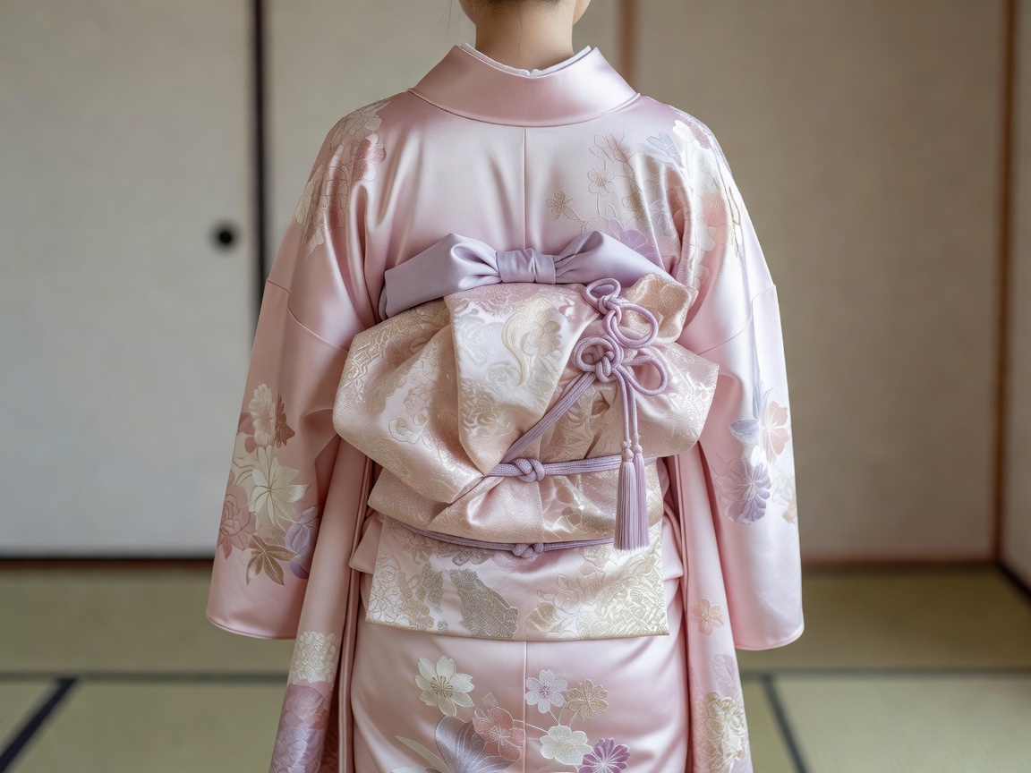 振袖の後ろ姿、華やかな変わり結びの帯を結び上げた仕上がり