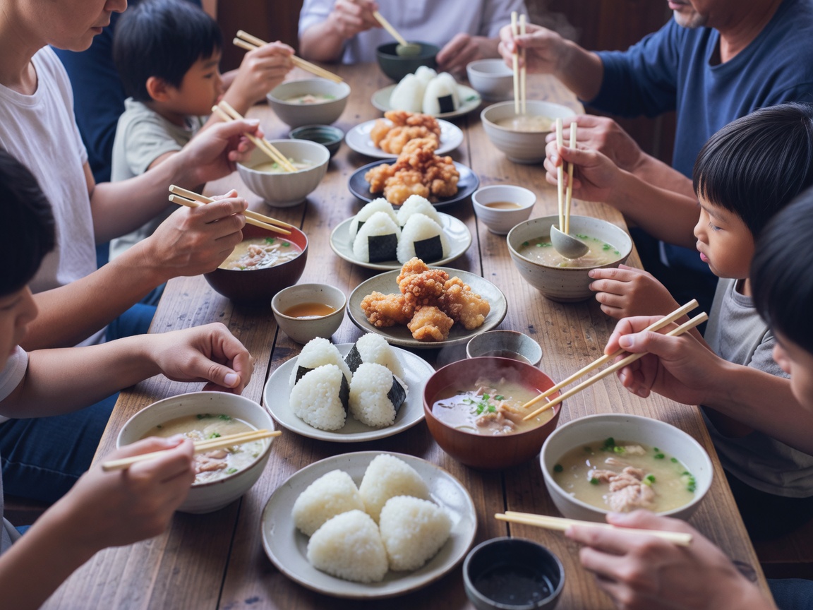 配膳された手作りの食事とみんなで囲む長机の食卓