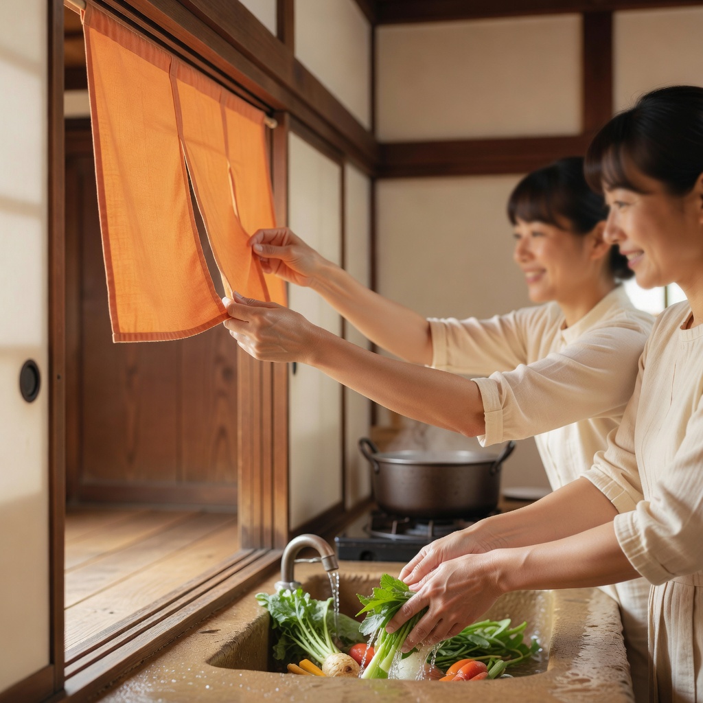 開店前の、しずかな朝 ー 築90年の古民家の玄関に、柿色ののれんを掛けるところから一日が始まります。土間で野菜を洗い、大きな鍋に火を入れる。11時半、引き戸を開けると、常連の子が『こんにちは！』と駆け込んできます。