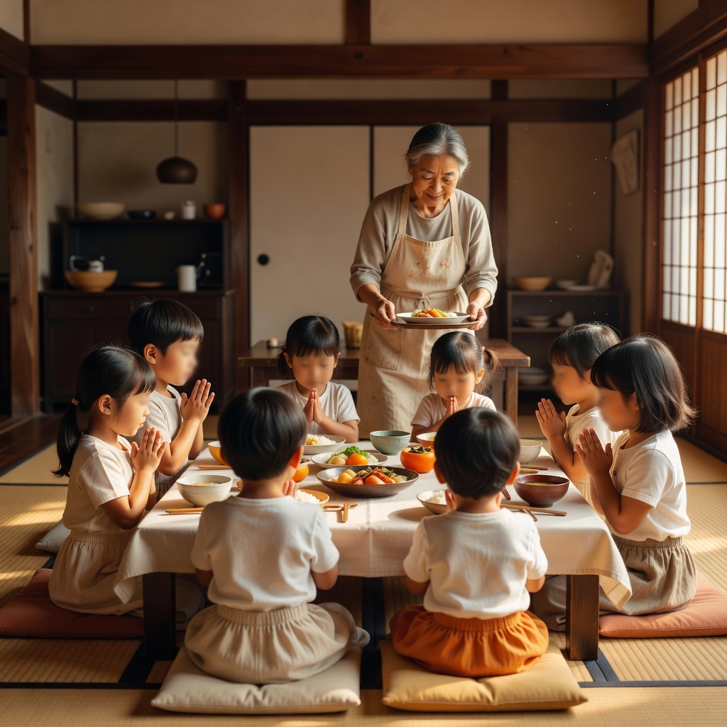 「いただきます」の、あの時間 ー 畳の広間に並んだちゃぶ台を囲んで、みんなで手を合わせます。学校も学年もばらばらの子どもたちが、同じおかずをつつく。この『誰かと食べるごはん』こそ、私たちがいちばん大切にしているものです。（写真はご本人・保護者の同意を得て後ろ姿で掲載しています）