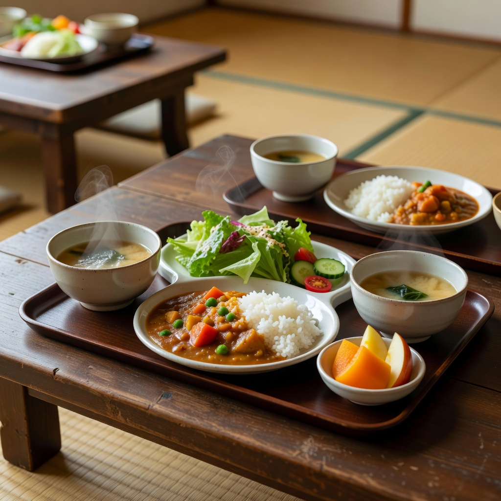 今月のごはん ー 大きな寸胴で炊いた、野菜たっぷりの手作りカレー。ごはんはおかわり自由、サラダと季節の果物、あたたかい汁物を添えて。元・栄養士の献立なので、栄養バランスとアレルギーには特に気を配っています。