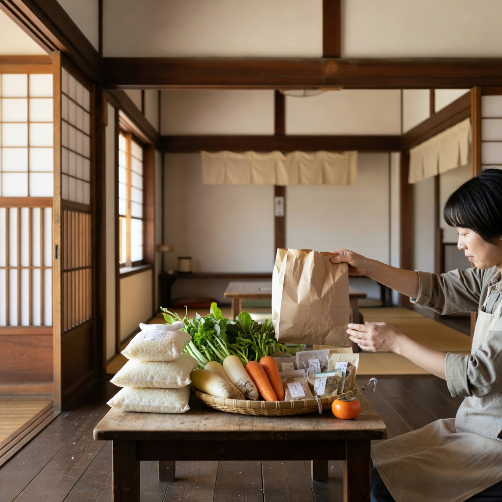 食材のお持ち帰り（フードパントリー）ー 帰り際には、農家さんやお店から届いたお米や野菜、レトルト食品を、必要な方にお持ち帰りいただいています。『今月ちょっと苦しくて』——そう言える相手がいることも、この食堂の役割だと思っています。