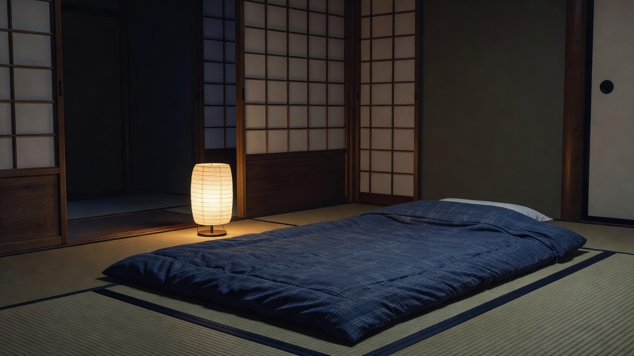 座敷に敷いた布団と行灯のあかり。夜は静けさそのものが灯ります
