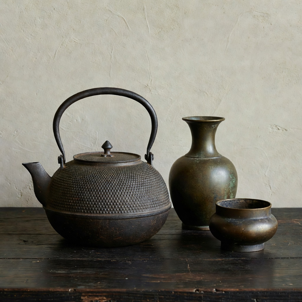鉄瓶・古銅・金工 ー 南部・京鉄瓶、古銅の花入、香炉。銘と地鉄、蝋型の作行きを見て。錆と湯垢の育て方も一緒にお渡しします。海外のお客様にも人気の分野です