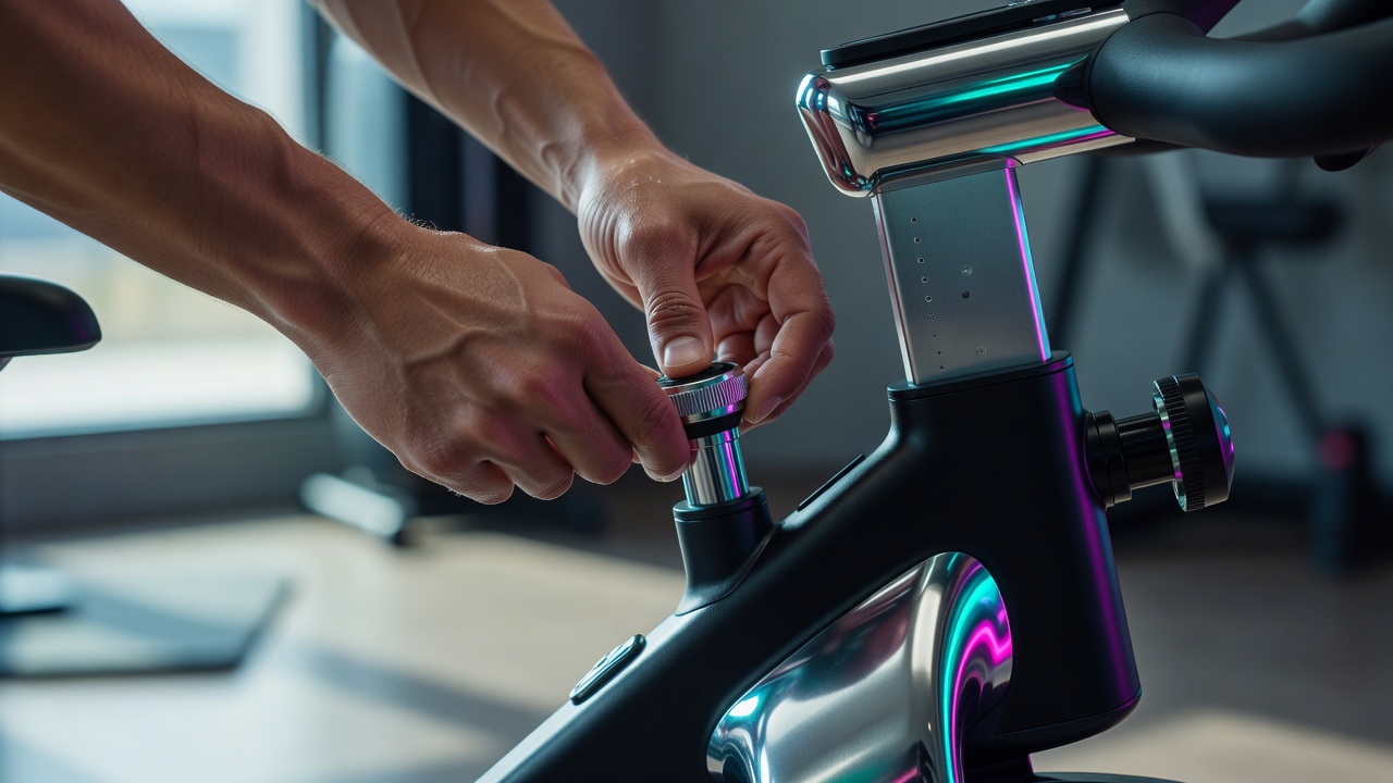 バイクのハンドルに置かれた手元。負荷ダイヤルは自分のペースでいつでも調整